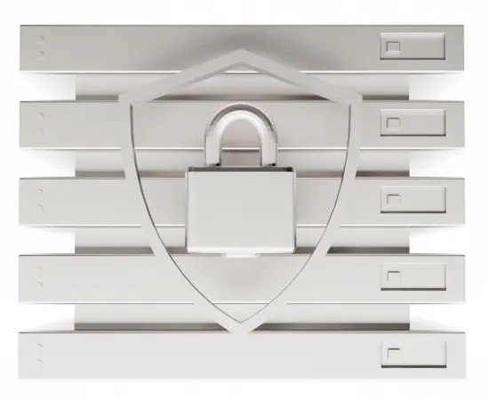 Abstract digital image depicting a silver padlock within a shield, superimposed over a series of horizontal layers, illustrating the robust security measures of our cryptocurrency exchange platform.