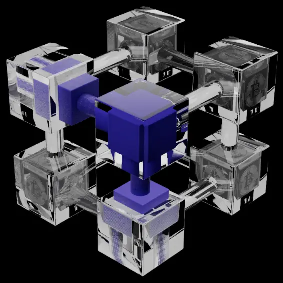 Conceptual image of blockchain technology, featuring interconnected transparent cubes with Bitcoin logos, centred around a solid blue block, illustrating the secure and complex structure of a blockchain network facilitated by our cryptocurrency exchange.