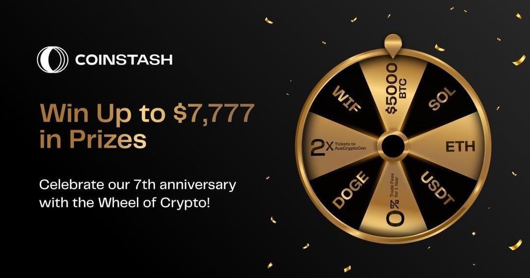 Image showing a gold and black wheel of crypto with the heading "Win up to $7,777 in Prizes"